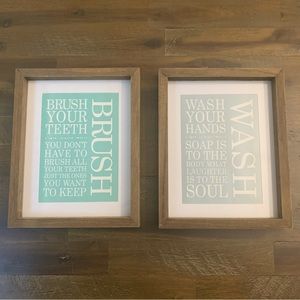 2 framed bathroom wall decor w funny quotes “BRUSH YOUR TEETH” “WASH YOUR HANDS”